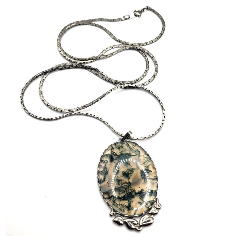 Estate Moss Agate Long Strand Pendnant Necklace 29in